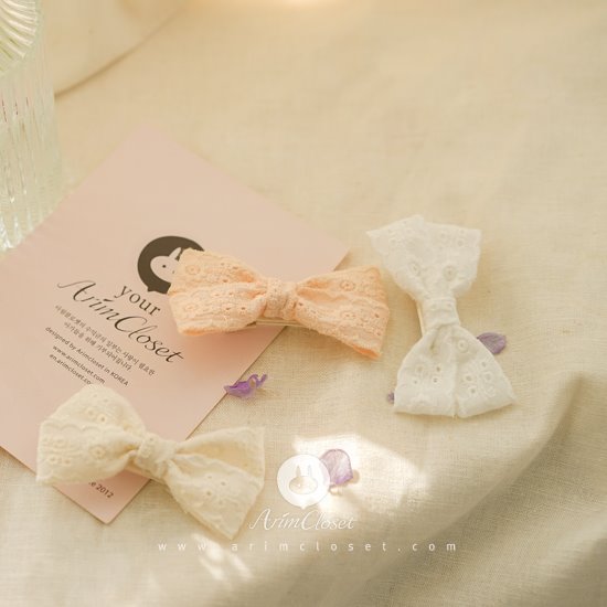 [15차제작] 앙증맞은 쪼꼬미가 요기에도 있지요 :) - white &amp; beige &amp; peach mini ribbon cotton lace hair pin