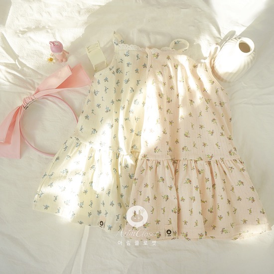 [2차제작] 꽃들이 어여쁜 날에, 끈나시 원피스 - ivory, peach baby cotton sleeveless dress